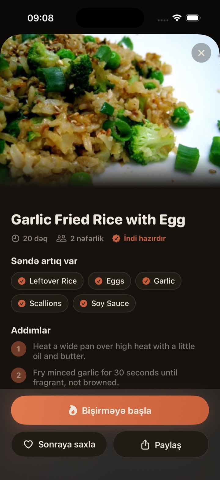 A full Dishoro recipe in Azerbaijani: ingredients you have, what to buy, and cooking steps, all translated.